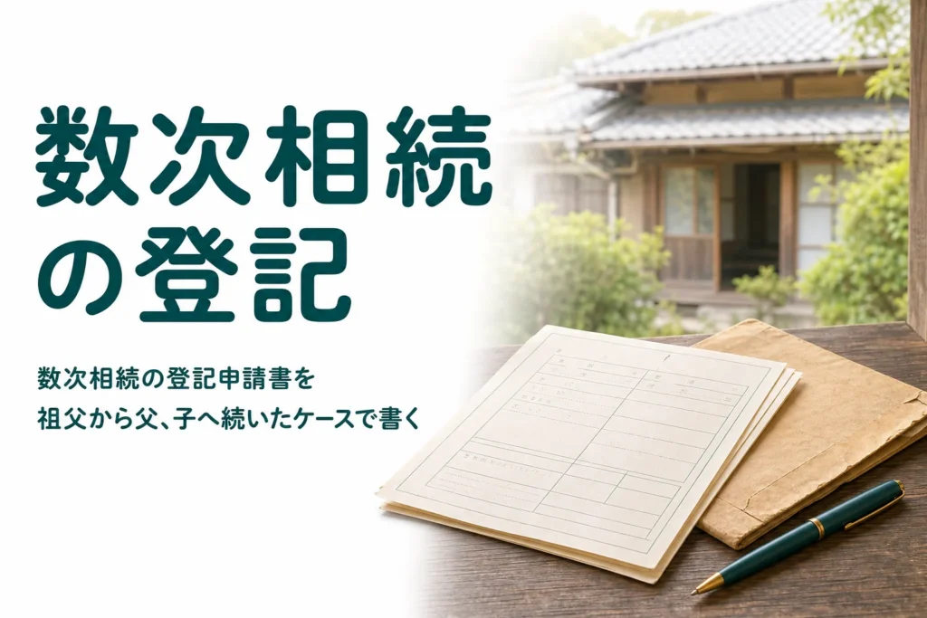 祖父から父、子へ相続が続いた数次相続の登記申請書の書き方を紹介する記事のアイキャッチ