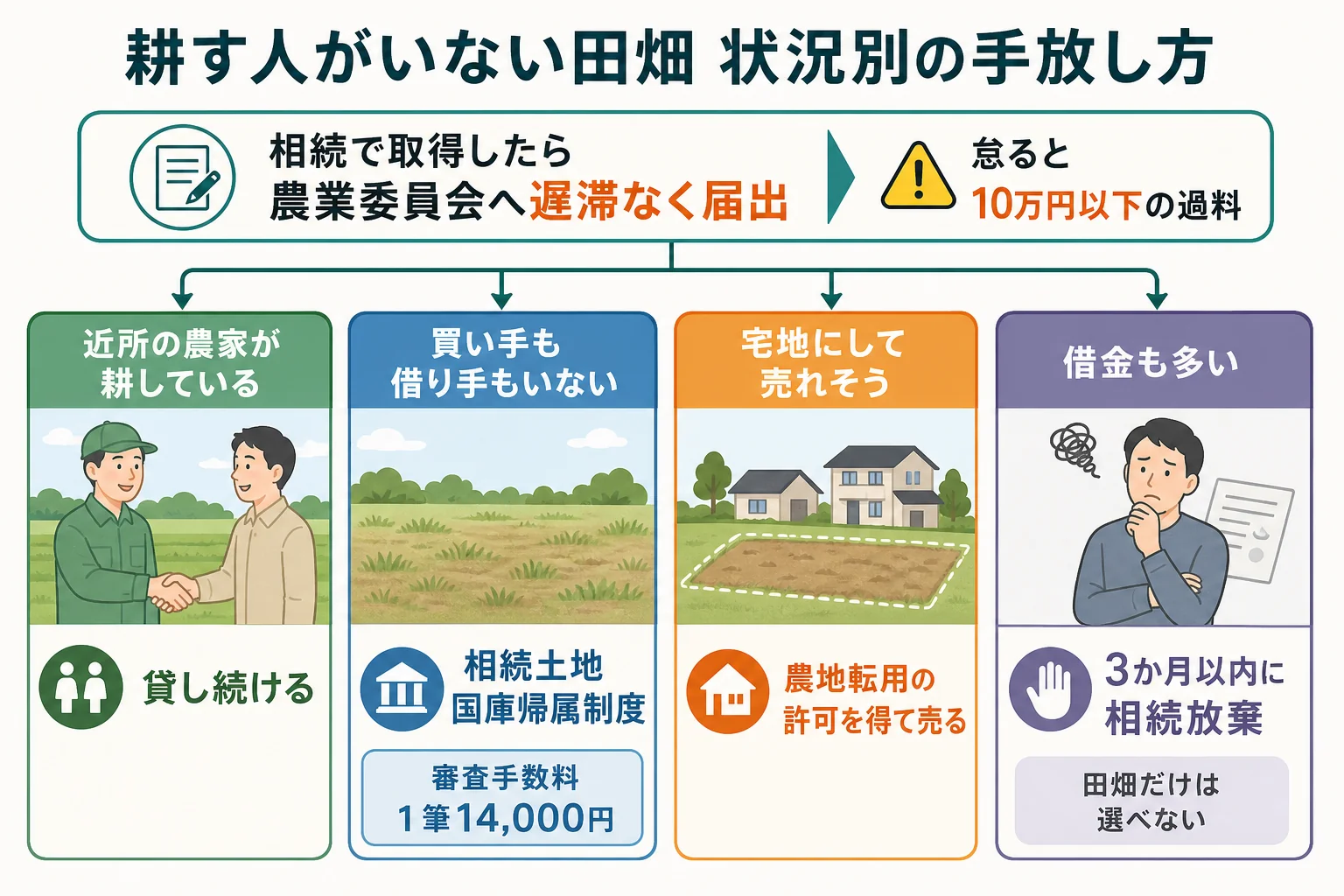 耕す人がいない田畑を相続したケースで、状況ごとに貸す・売る・国庫帰属・相続放棄のどれが向くかを示した分岐表