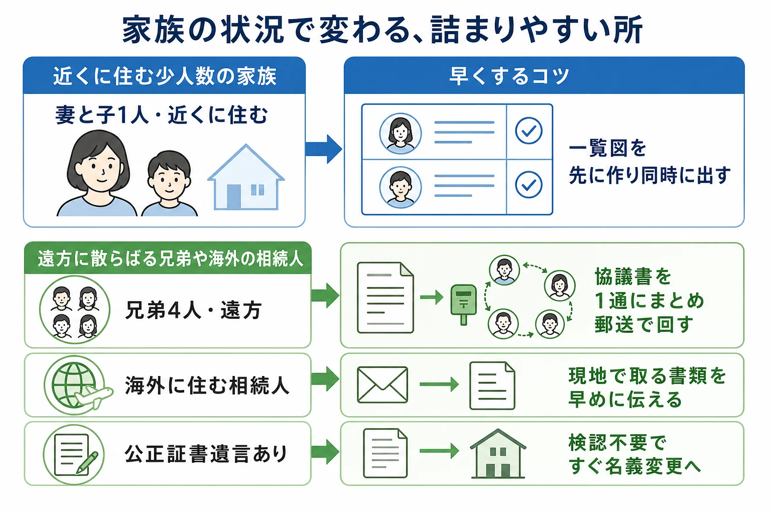 相続人が近くに住む家族と遠方に散らばる家族で、手続きの詰まりやすい所が違う様子を示した家系図