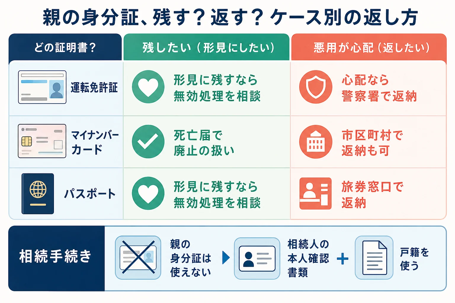 親の運転免許証・マイナンバーカード・パスポートを、残したいか悪用が心配かで返し方が分かれる分岐表