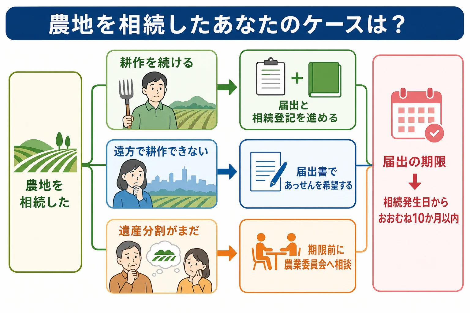 農地を相続した人のケースごとに、届出と一緒に考えることを分けたケース別の分岐表