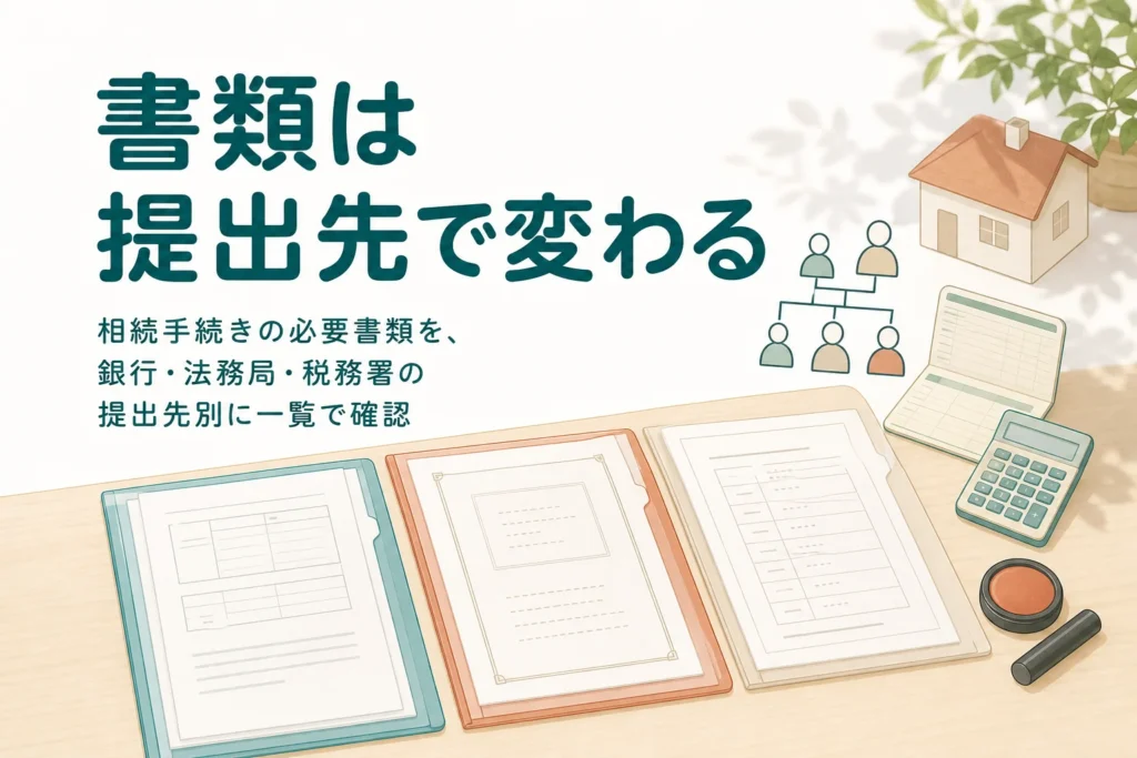相続手続きの必要書類を銀行・法務局・税務署の提出先別に確認する記事のアイキャッチ