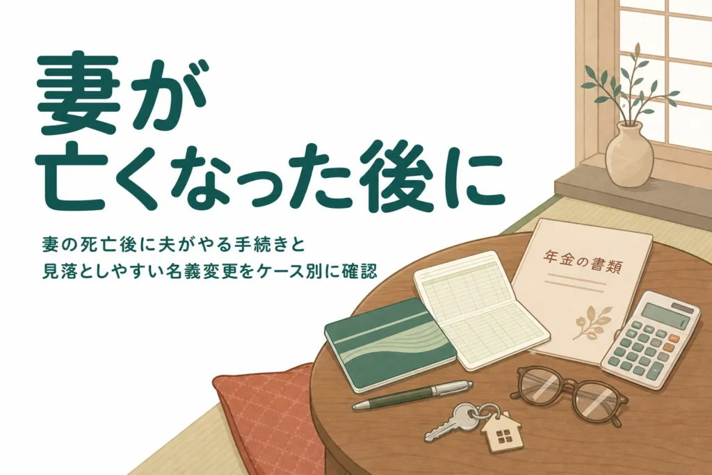 妻が亡くなった後に夫がやる手続きと名義変更を解説する記事のアイキャッチ