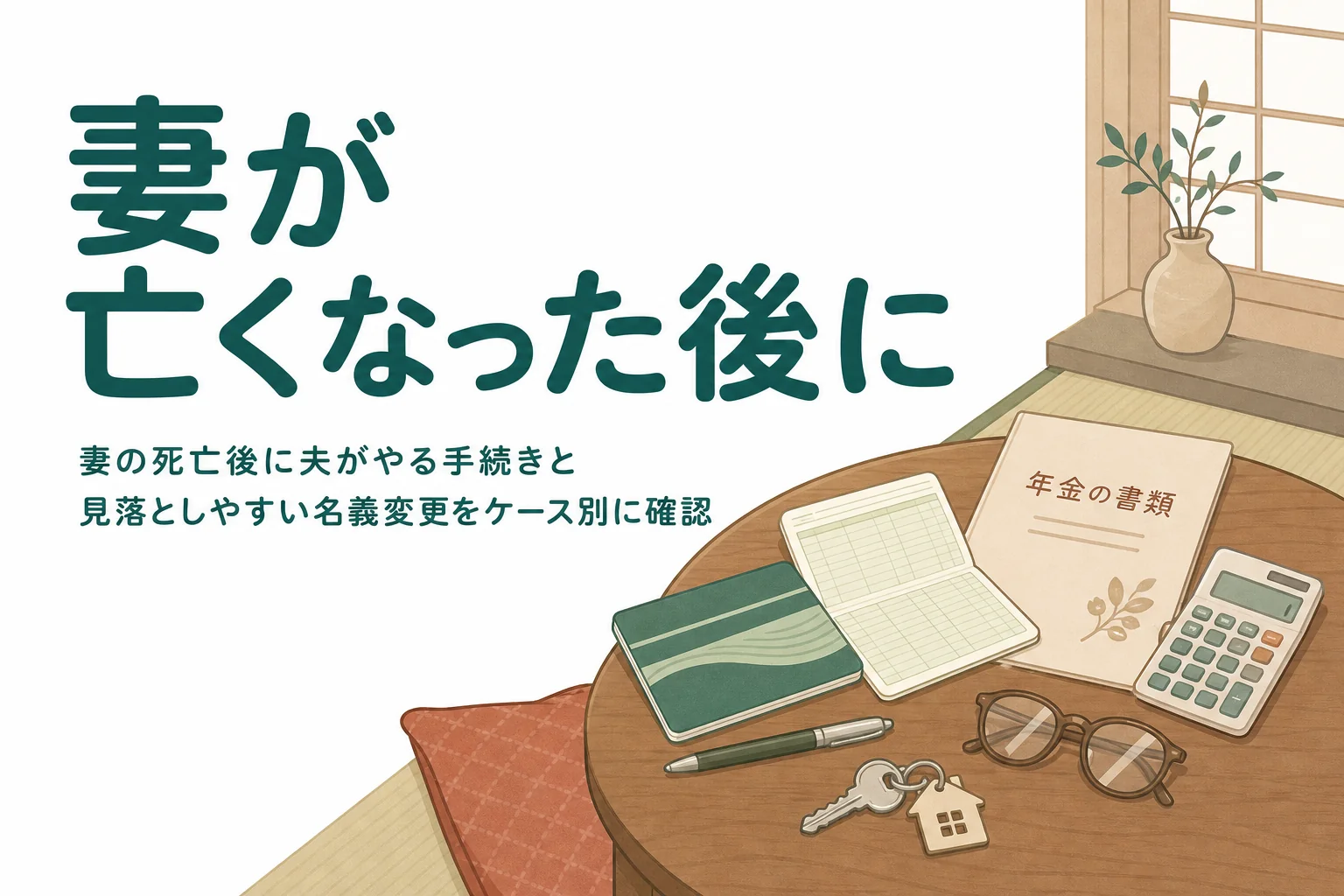 妻が亡くなった後に夫がやる手続きと名義変更を解説する記事のアイキャッチ