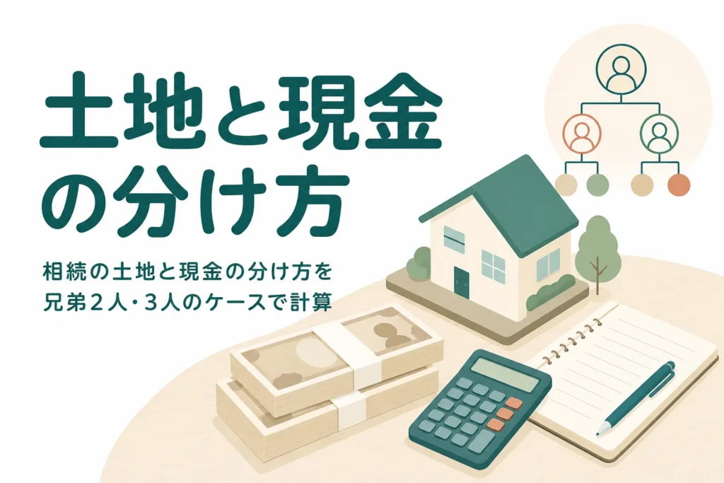 相続した土地と現金の分け方を、兄弟2人と3人のケース別に計算する記事のアイキャッチ