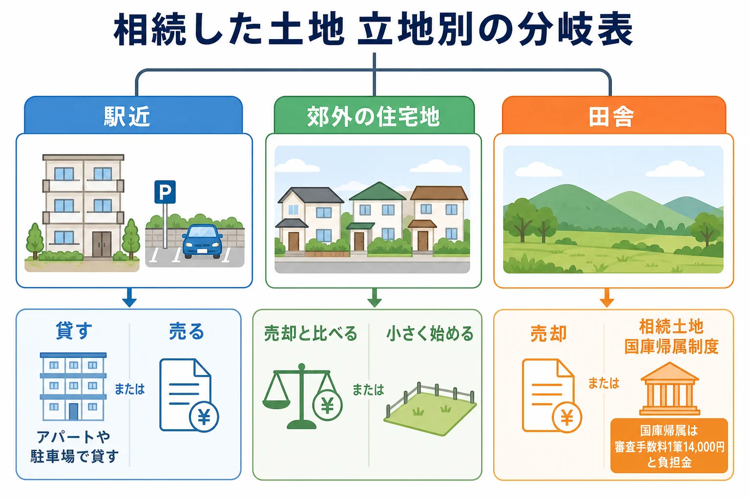 駅近・郊外・田舎の3ケースで、貸す・売る・国に引き取ってもらうのどれが合いやすいかを示した分岐表