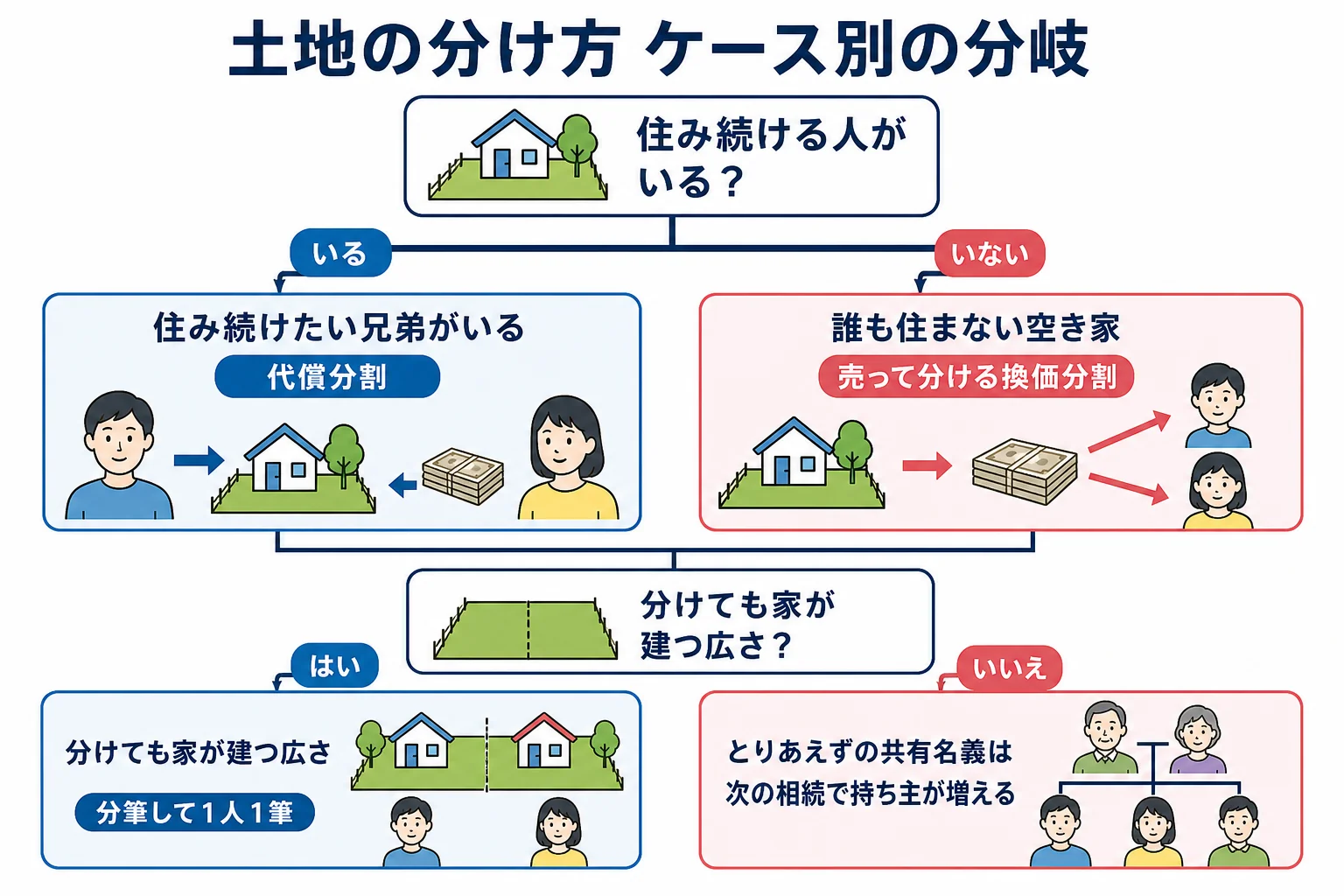 住む人の有無や土地の広さで、兄弟の土地の分け方がどう変わるかを示したケース別の分岐表