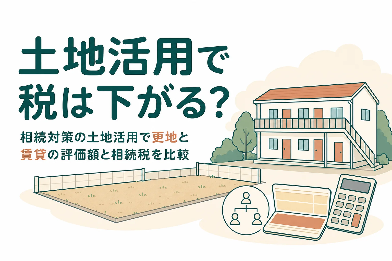 相続対策の土地活用で更地と賃貸の評価額と相続税を比べる記事のアイキャッチ