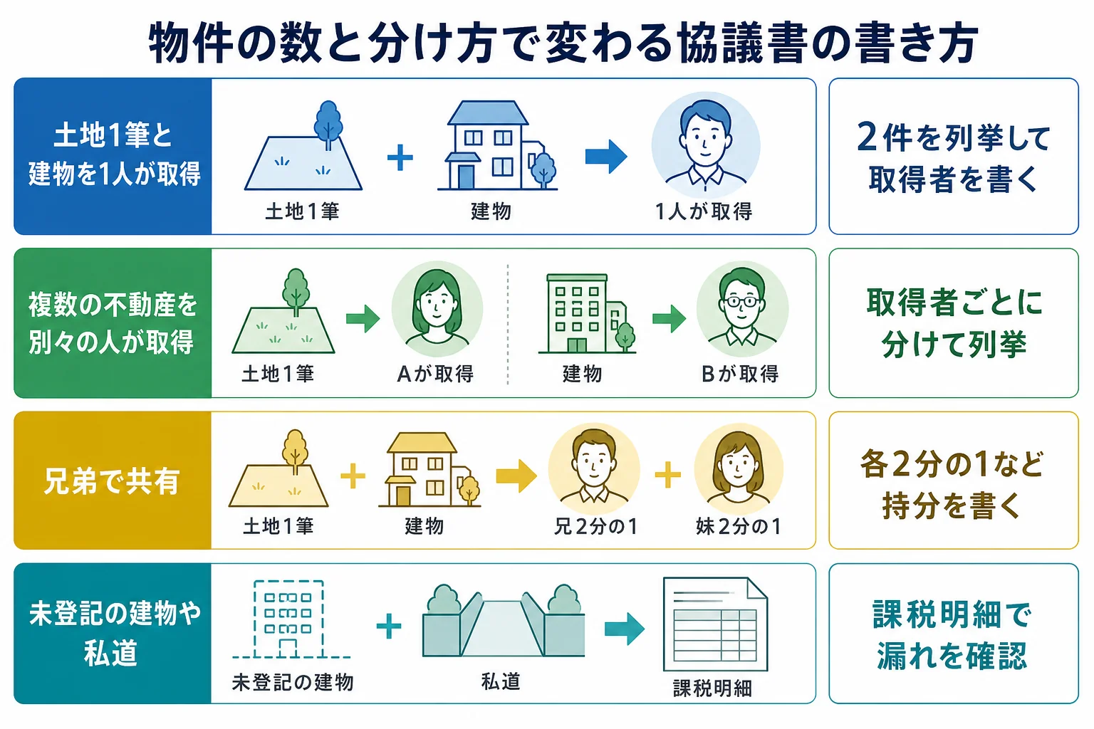 不動産の数と分け方で協議書の書き方がどう変わるかを示したケース別の分岐表