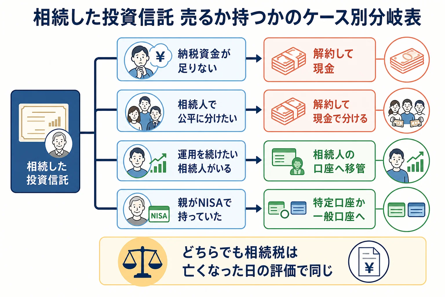 相続した投資信託を解約するか移管するかを家族の状況ごとに分けたケース別の分岐表