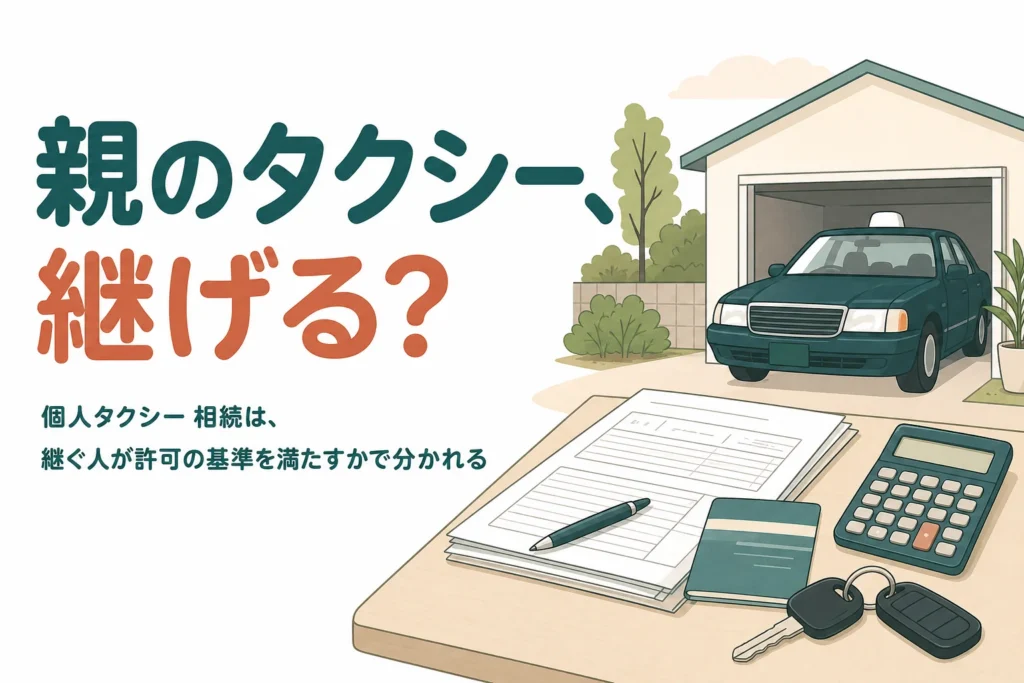 「個人タクシーなど許可で営業していた親の事業は相続できる？」を、子が二種免許を持つかどうかのケースの違いで解説する記事のアイキャッチ