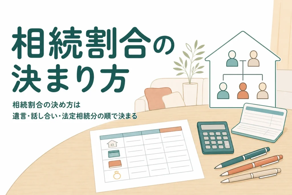 相続割合が遺言・話し合い・法定相続分のどれで決まるかを解説する記事のアイキャッチ