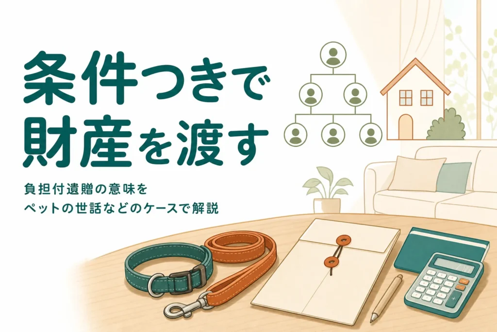 ペットの世話などを条件に財産を渡す負担付遺贈の意味を解説する記事のアイキャッチ