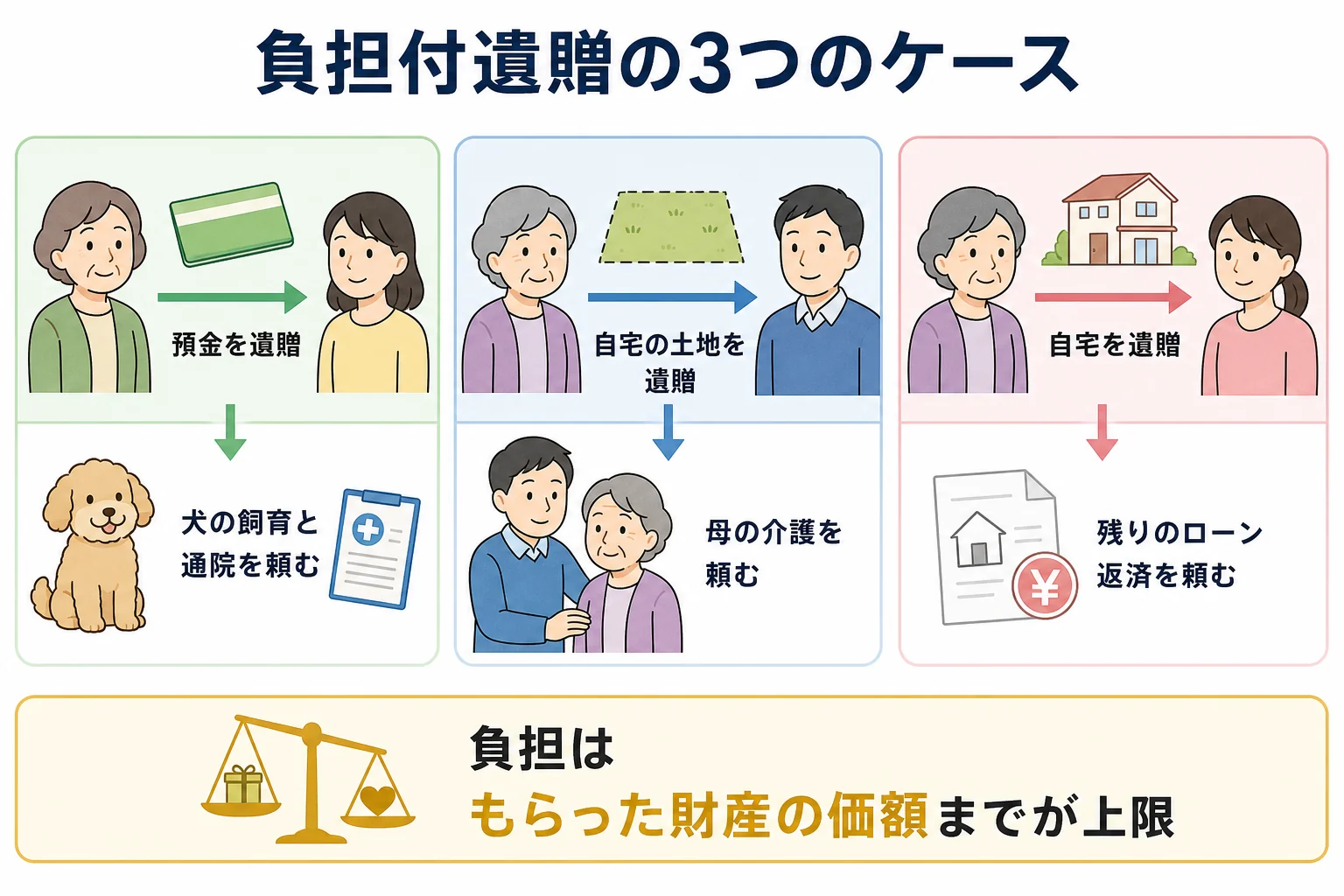 ペットの世話・家族の介護・ローン返済を条件にした負担付遺贈の3つのケースを、遺贈する財産と負担の組み合わせで並べた分岐表