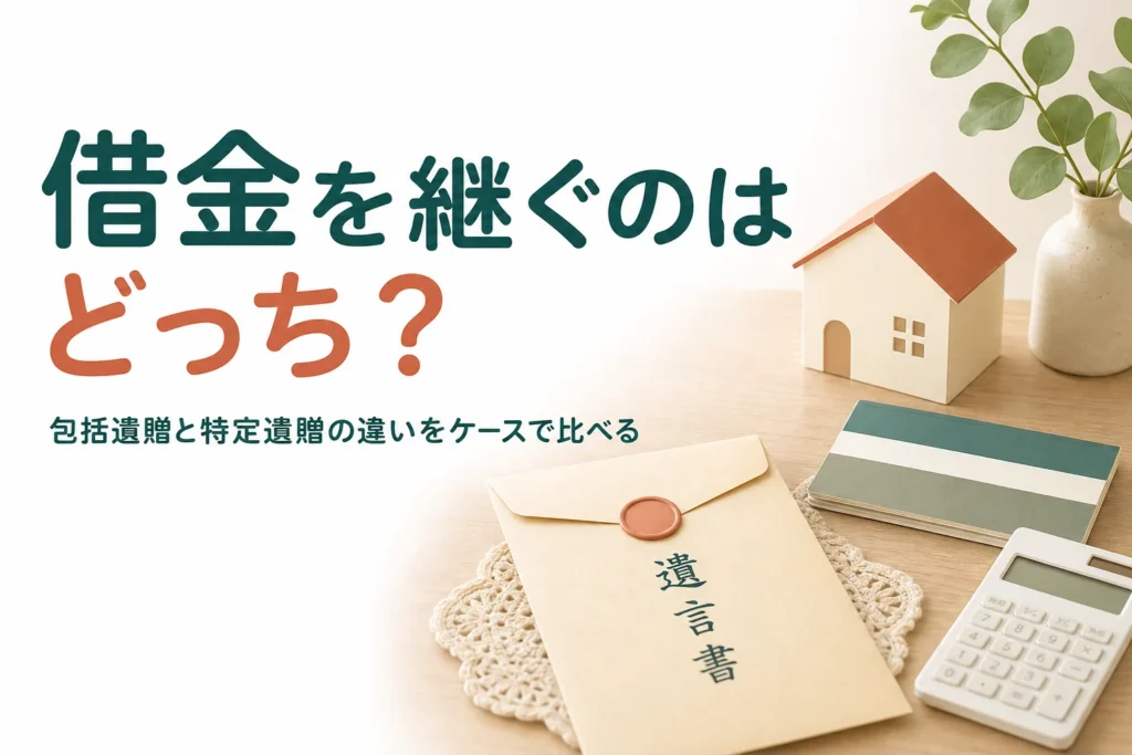 包括遺贈と特定遺贈の違いと、借金を引き継ぐのはどちらかをケースで比べる記事のアイキャッチ