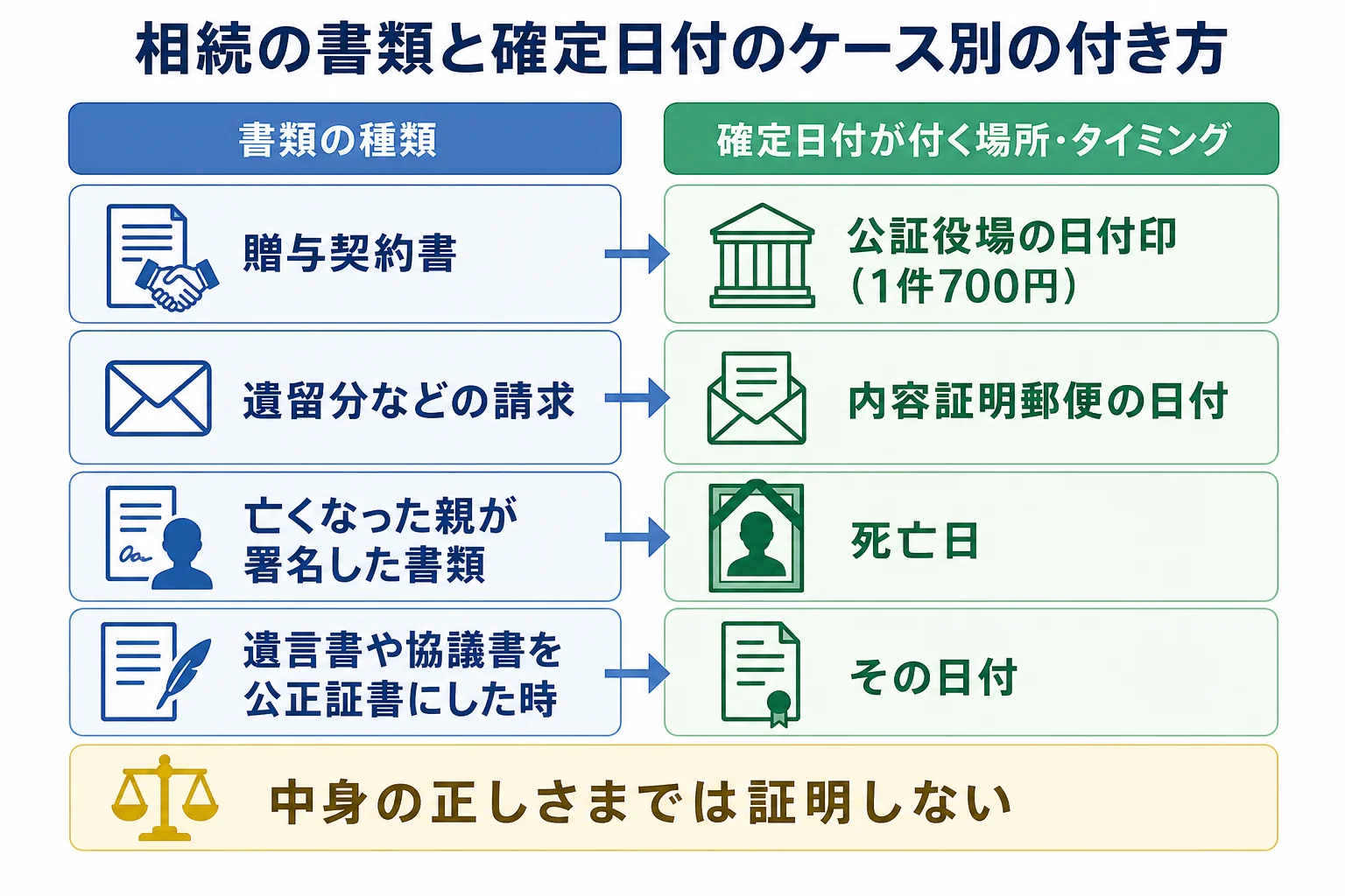 贈与契約書・遺留分の請求・亡くなった親の署名書類など、ケースごとに確定日付の付き方を分けた分岐表