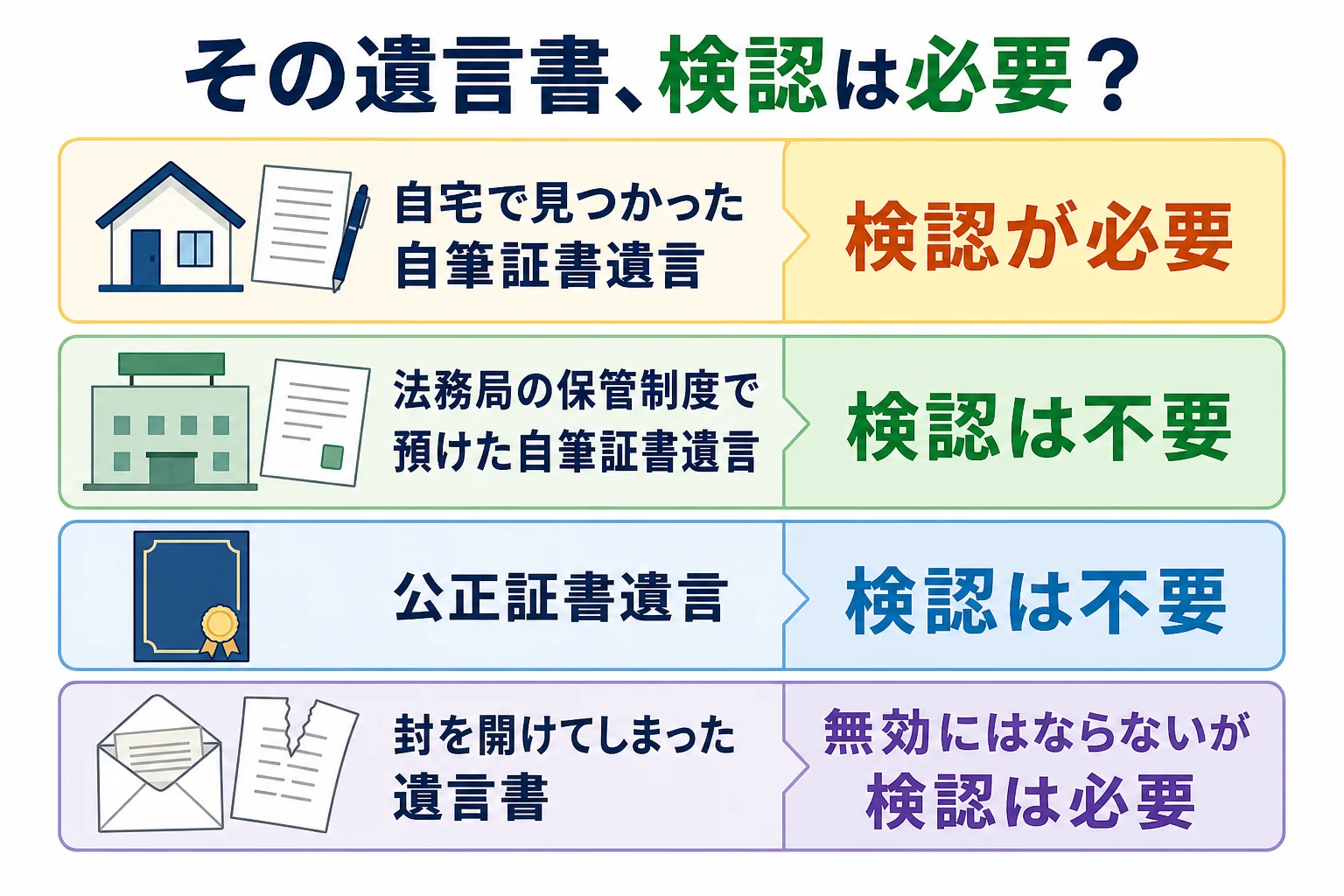 遺言書の種類と保管場所ごとに検認が必要かどうかを分けた分岐表