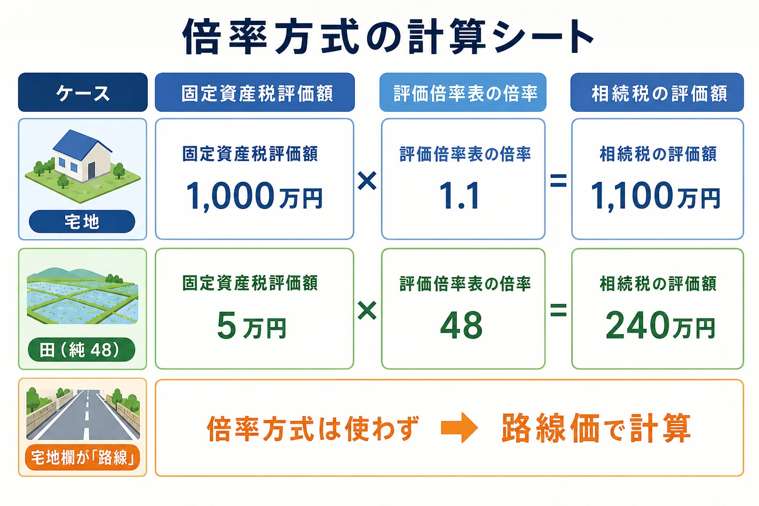 固定資産税評価額に倍率をかけて評価額を出す計算シートと、宅地・田・路線価地域の3ケースを並べた分岐表
