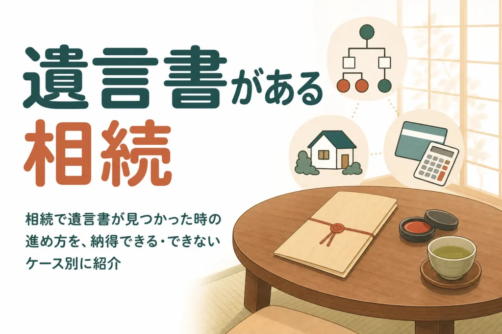 遺言書がある相続の進め方を、内容に納得できるケースとできないケースに分けて紹介する記事のアイキャッチ