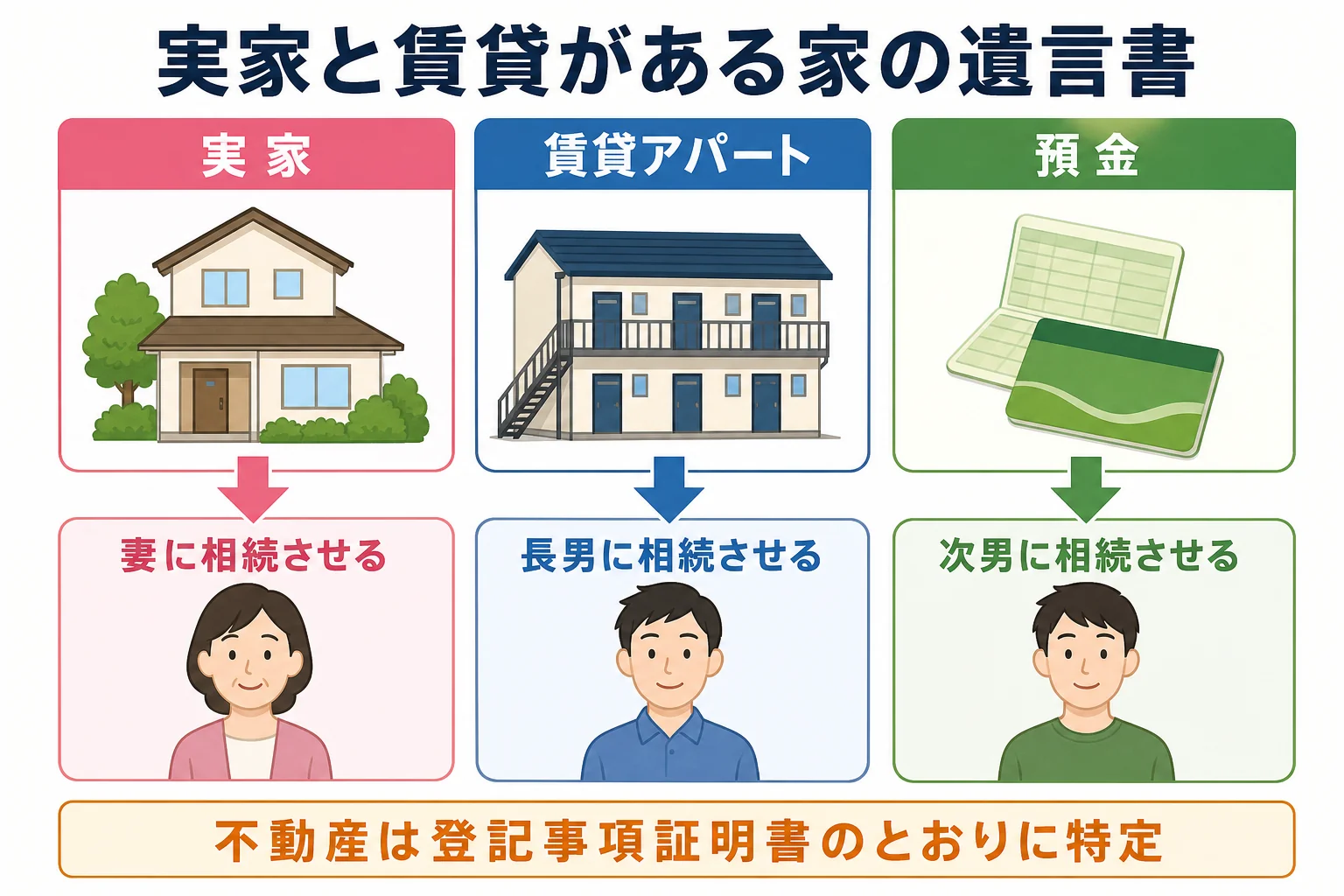 実家・賃貸アパート・預金を、妻・長男・次男のそれぞれに相続させる遺言書の内容を示した家系図と財産の内訳