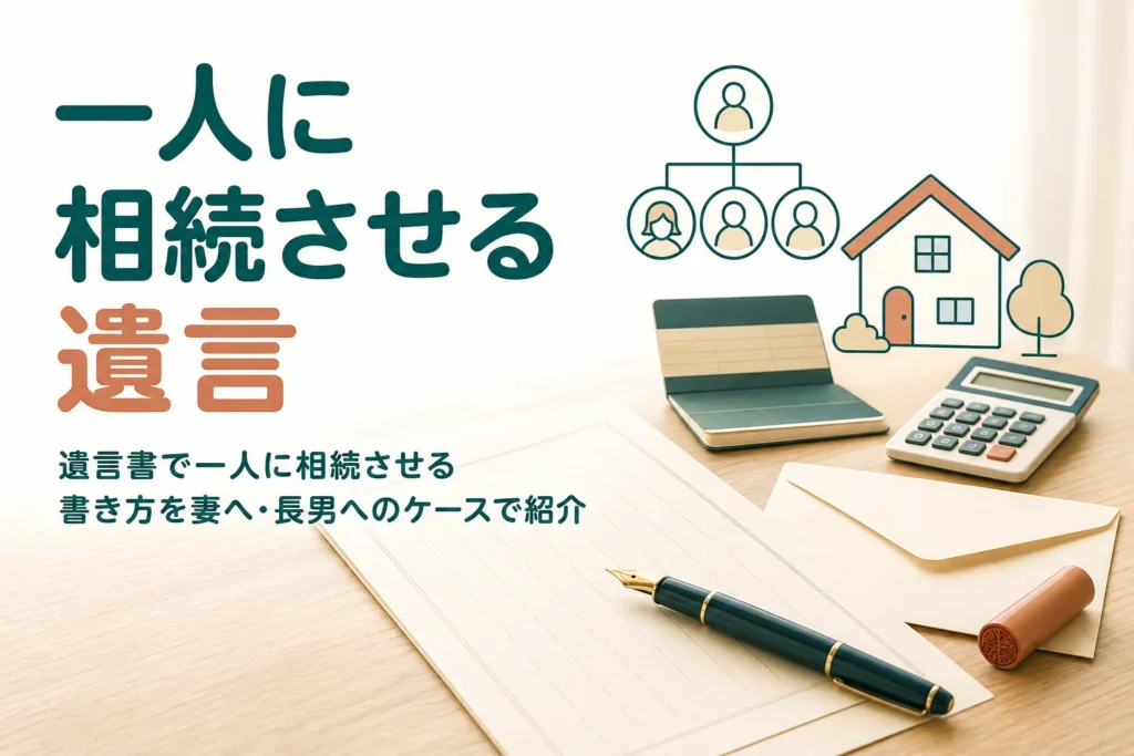 遺言書で一人に全財産を相続させる書き方を、妻へ・長男へのケース別文例で紹介する記事のアイキャッチ