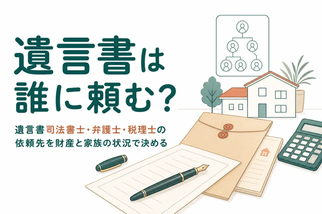 遺言書の作成を司法書士・弁護士・税理士のどこに頼むかをケース別に判定する記事のアイキャッチ