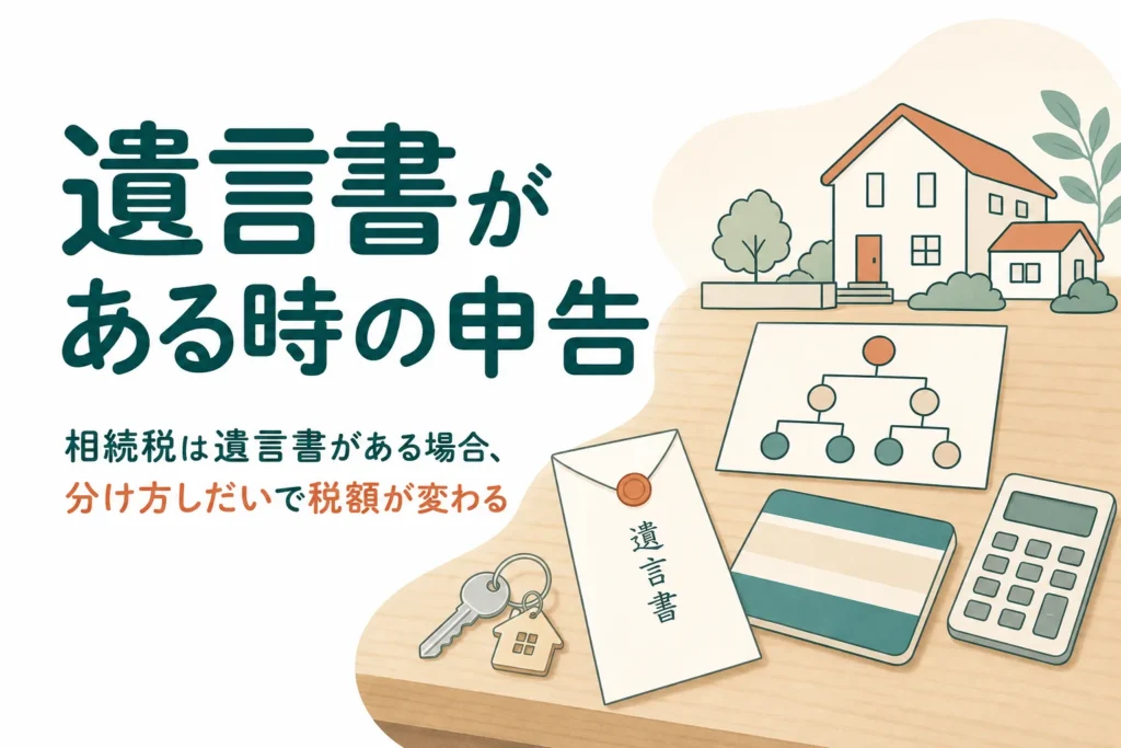 遺言書がある場合の相続税申告と遺言の中身による税額の違いを解説する記事のアイキャッチ