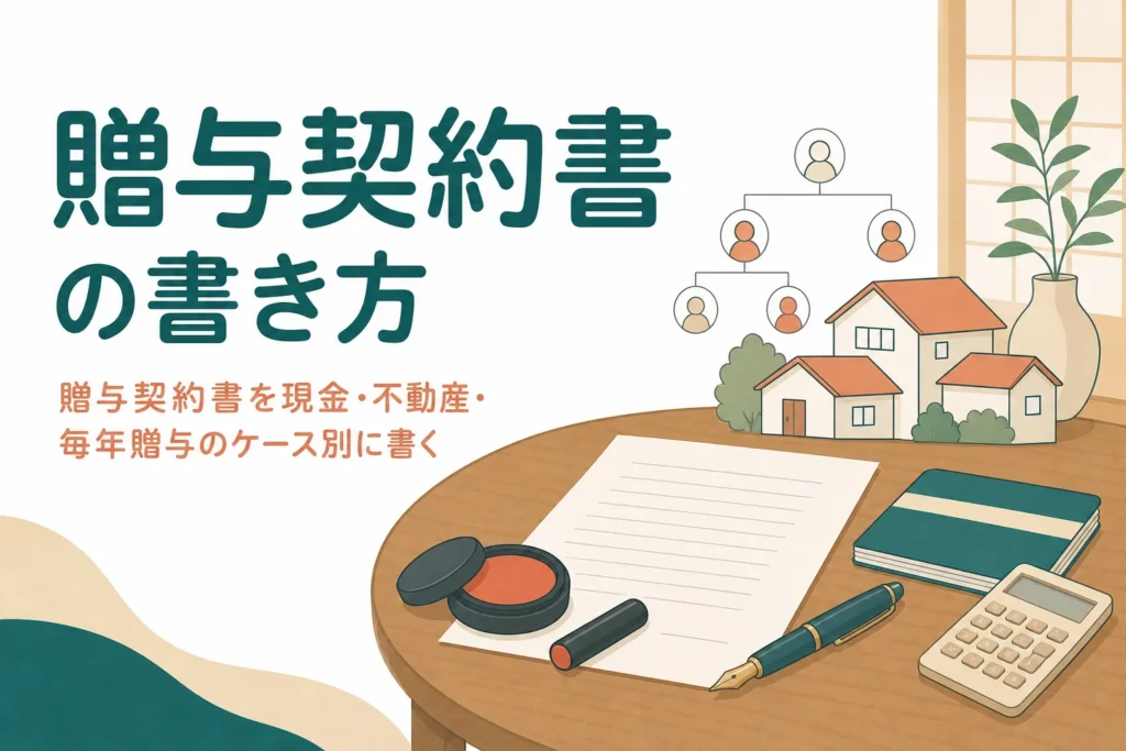 現金・不動産・毎年贈与のケース別に贈与契約書の書き方と文例を解説する記事のアイキャッチ